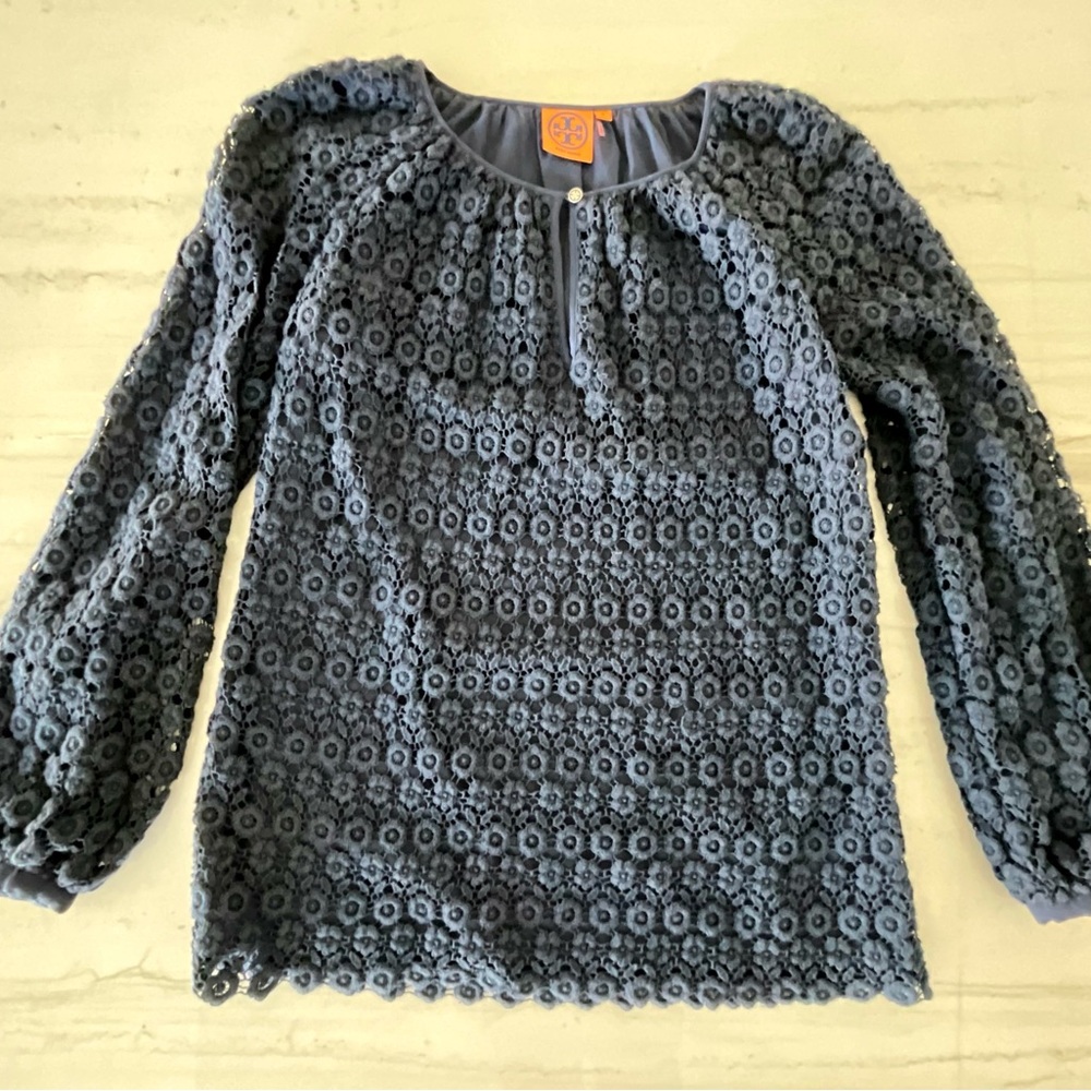 Tory Burch Navy Blue Lace Fully Lined Loose Fitting Blouse With Gold Buttons